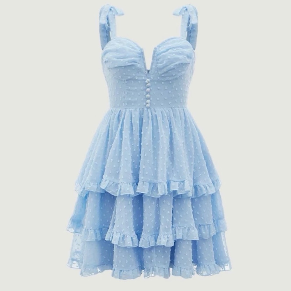 SHEIN MOD Swiss Dot Tie-Shoulder Layered Hem Cami Dress in Baby Blue Sz. M - NWT